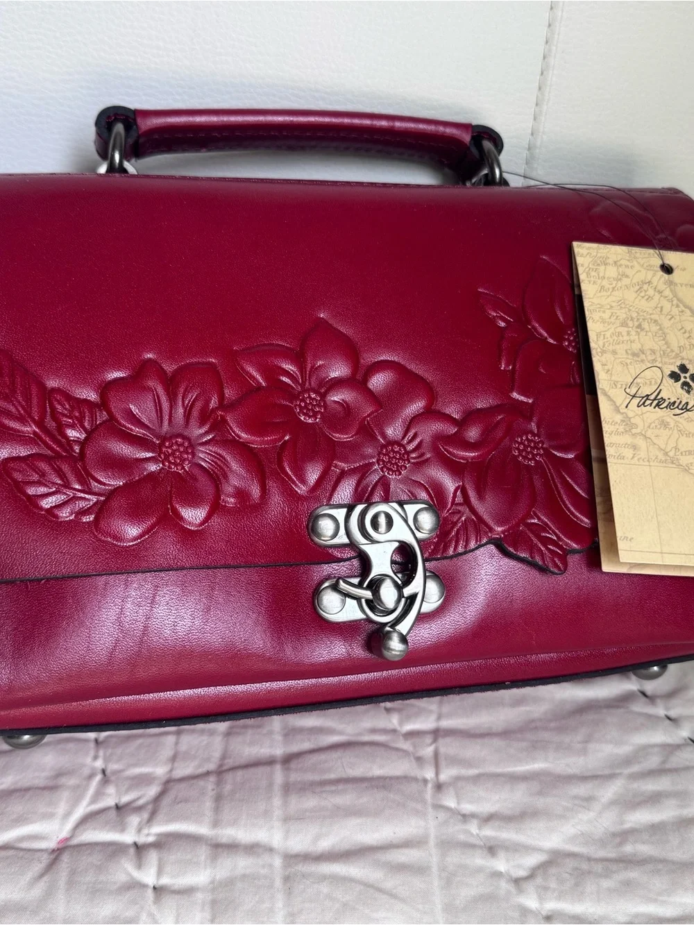 Patricia Nash Tooled Floral Leather Charrone Satchel in Berry Red